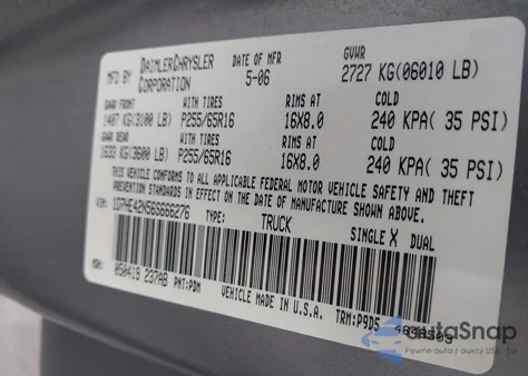 2006 Dodge Dakota Slt из США, поврежденный, VIN 1D7HE42N56S666276